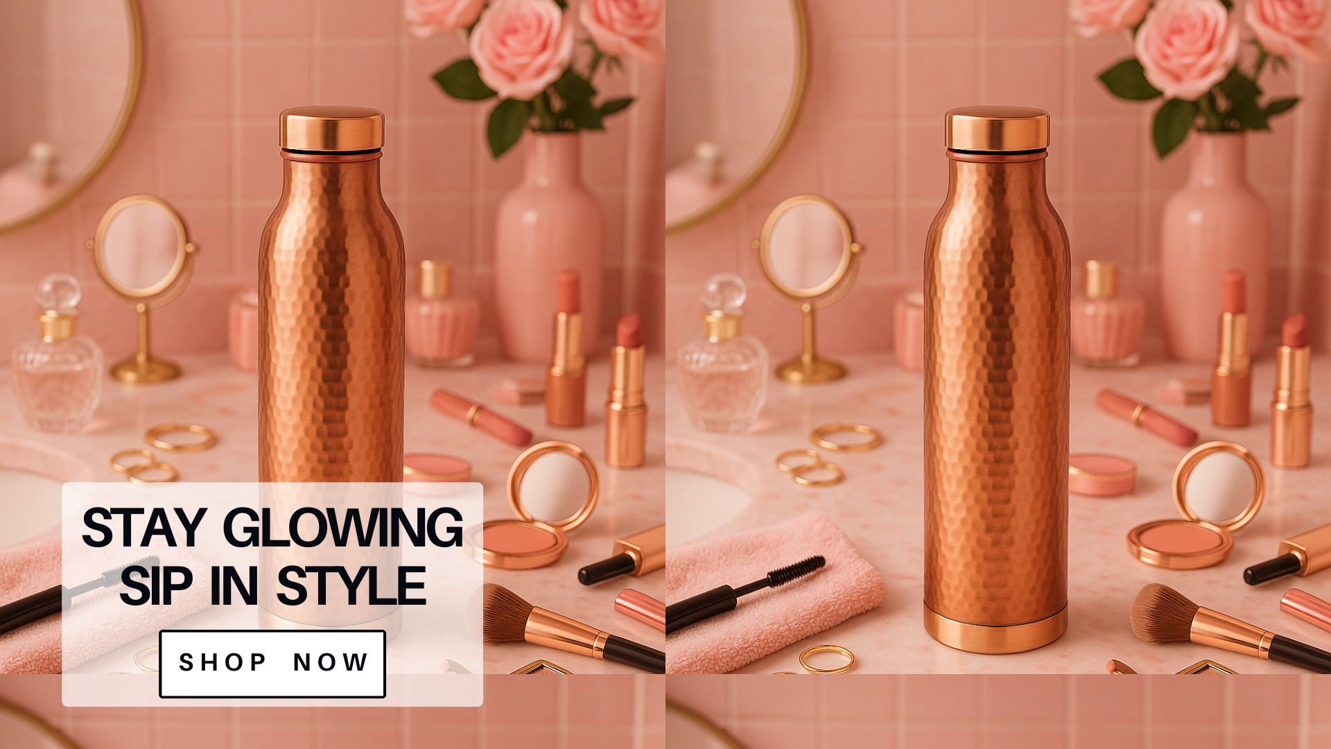 Luxurious Pink Vanity with Hammered Copper Water Bottle – Elegant Bathroom Essentials for Women