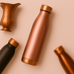 Elegant Copper Water Bottles with Pitcher – Premium Insulated Drinkware on Soft Pink Background