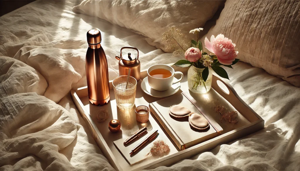copper water bottle on display on a beautiful bedspred